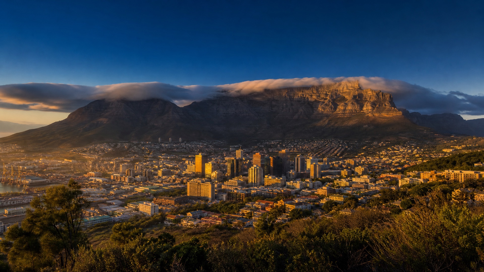 Table Mountain over the Cape Town City Bowl at golden hour